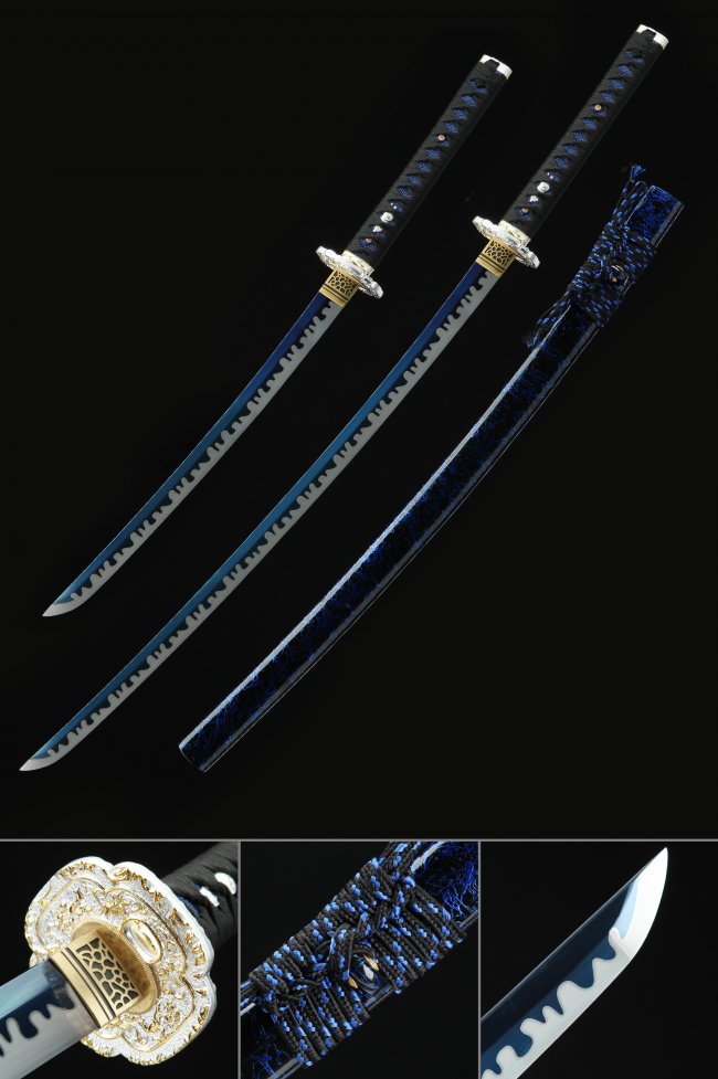 Daisho Katana and Wakizashi Set - Manganese Steel Blue Blade with Gold-Silver Floral Tsuba in Black Lacquered Saya