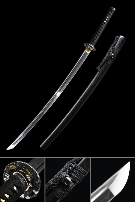 Handmade Japanese Katana Sword T10 Folded Clay Tempered Steel Real Hamon With Black Scabbard