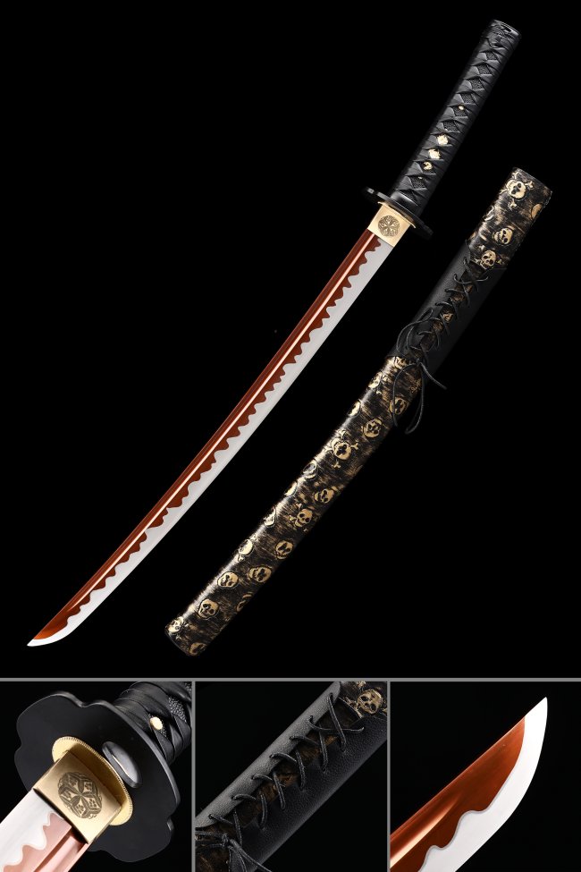 Manganese Steel Red Blade Wakizashi with Skull Saya in Black-Gold - Full Tang Replica