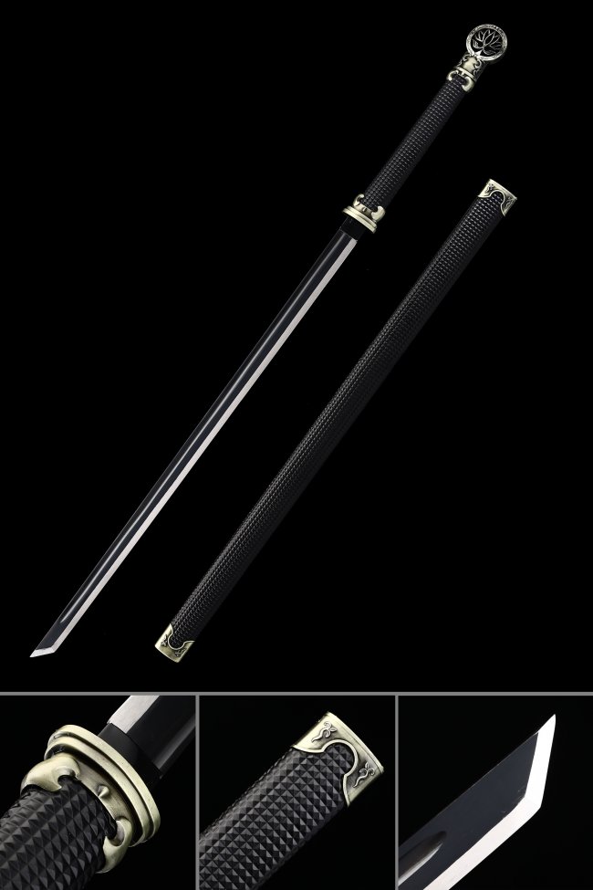 Manganese Steel Ninjato with Black Leather Saya - Bronze Lotus Fittings, 43 Inch Replica