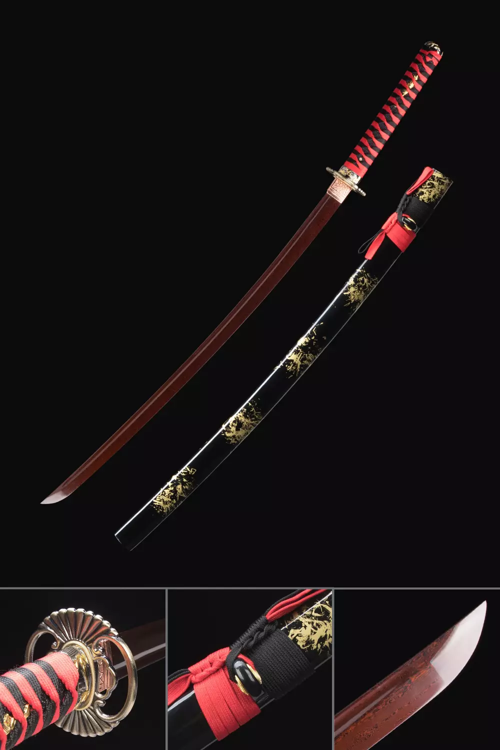 Sliver&Dark Red Damascus Steel Full Tang Blade Japanese Samurai Katana Sword 