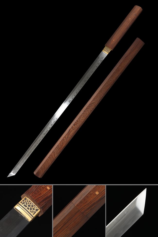 T10 Carbon Steel Shirasaya Sword with Rosewood Saya - Gold Flower Tsuba, Hamon Blade