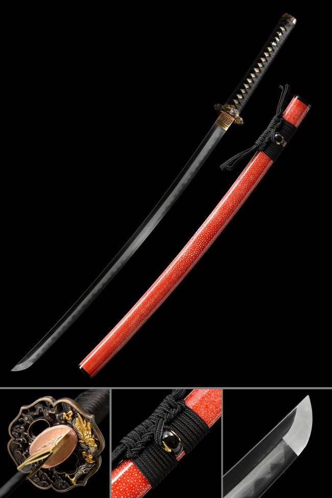 Damascus Steel Katana with Red Rayskin Saya - Phoenix Bronze Tsuba, Black Ito, Full Tang