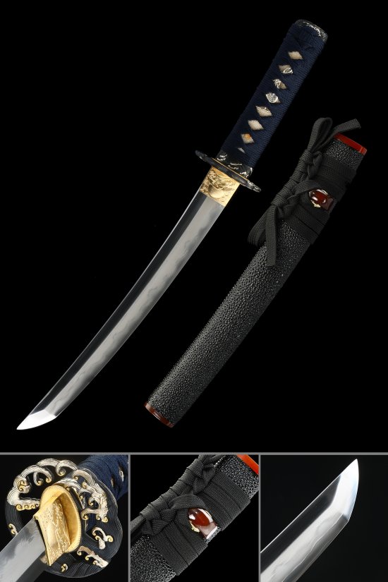 Sanmai T10 Steel Tanto with Hamon in Black Pearl Rayskin Saya - Dark Blue Cord Handle, Wave Tsuba