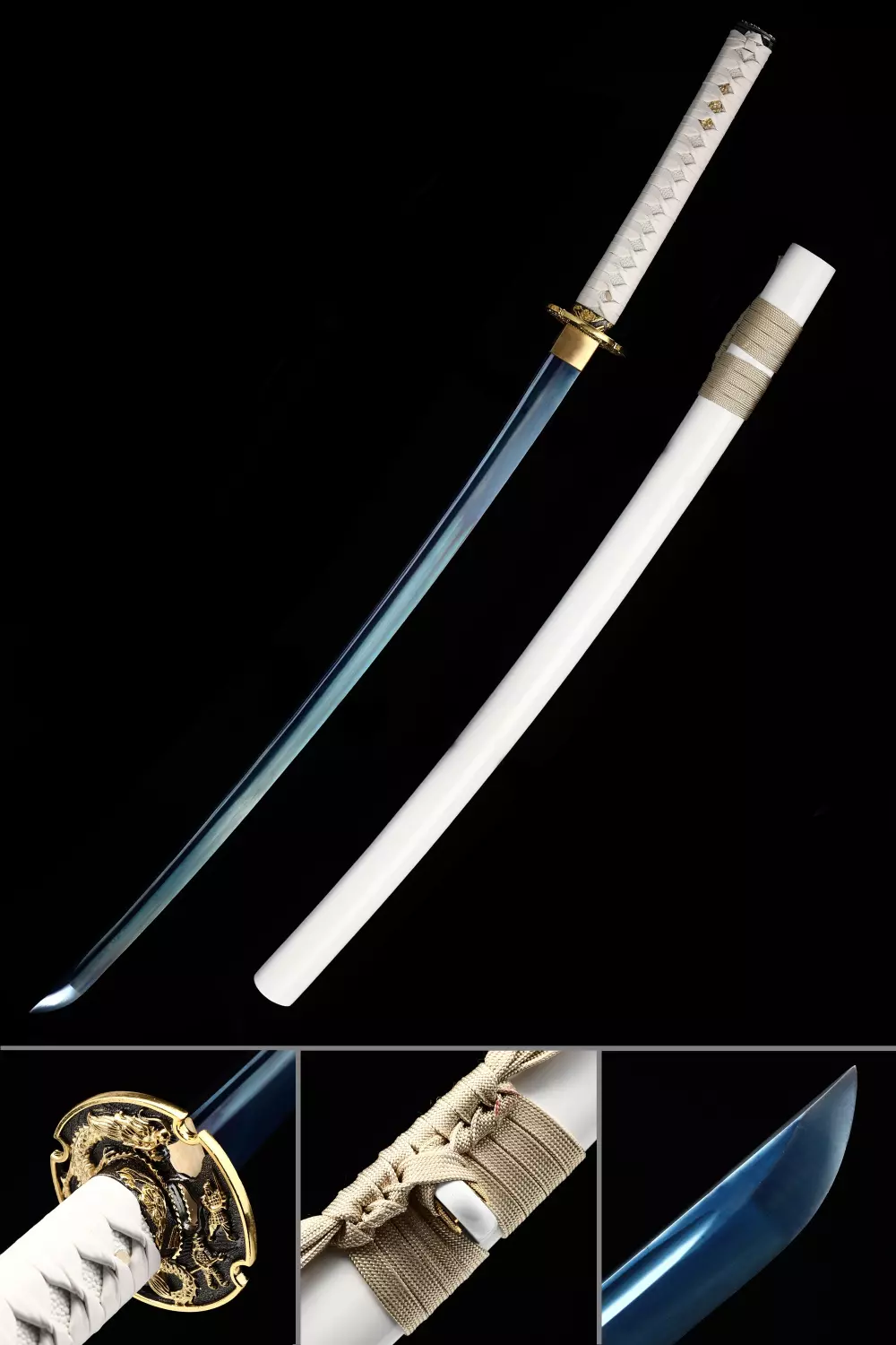 Details about   Hand Forged Full Tang Blue Blade Dragon Tsuba Real White Katana Samurai Swords 