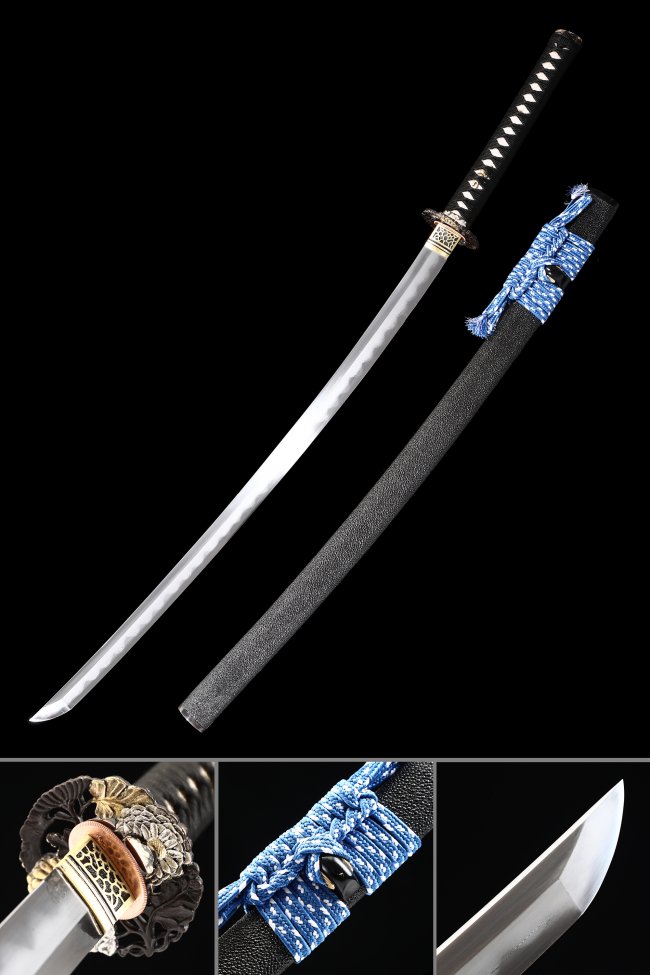 T10 Folded Clay Tempered Katana with Real Hamon in Black Pearl Rayskin Saya - Gold Floral Tsuba