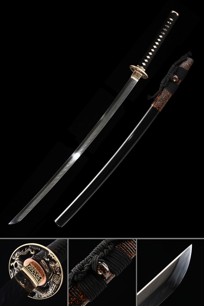 Dragon Tsuba T10 Carbon Steel Katana, Real Hamon, Folded Steel & Black Saya