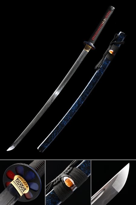Handmade T10 Carbon Steel Blue Saya And Round Tsuba Real Hamon Katana Samurai Swords