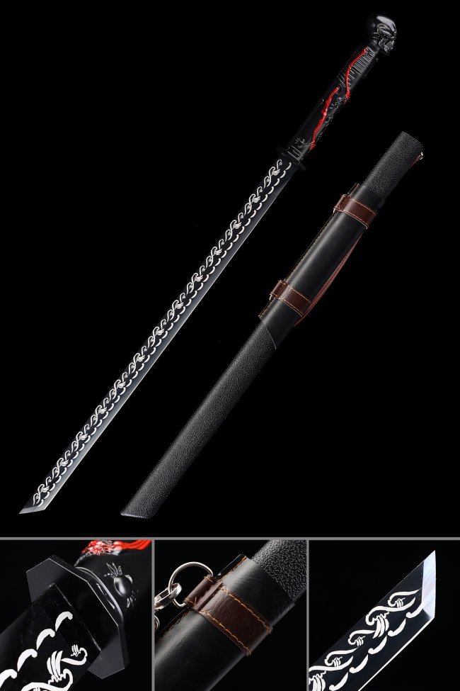 Black Manganese Steel Ninjato with Wave-Engraved Blade, Skull Tsuba & Black Leather Saya