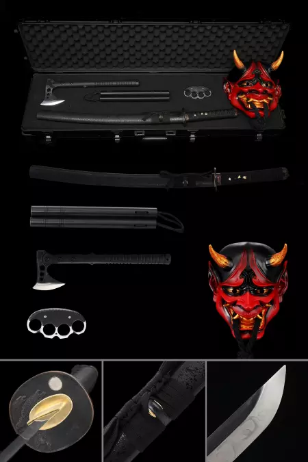 Japanese Wakizashi Sword Set, Including Nunchakus, Axe, Demon Mask And Boxer Beast Defense