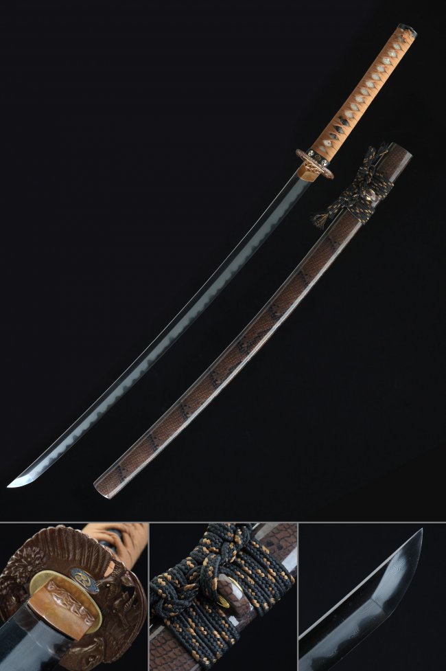 Damascus Steel Katana with Real Hamon, Brown Rayskin Saya & Beige Tsuka - Chrysanthemum Tsuba