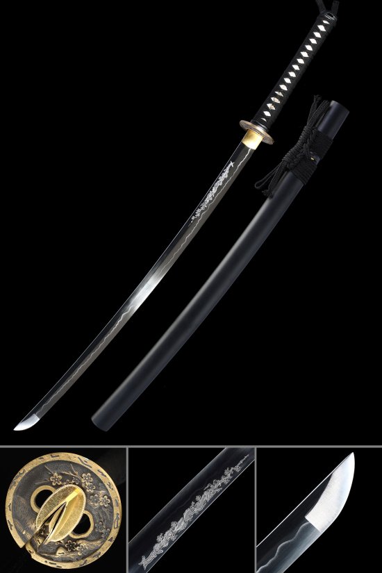 1090 Carbon Steel Katana with Dragon-Engraved Blade - Gold Crane Tsuba, Black Lacquer Saya