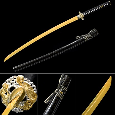 Handmade Japanese Samurai Sword 1045 Carbon Steel Yellow Blade And Black Scabbard