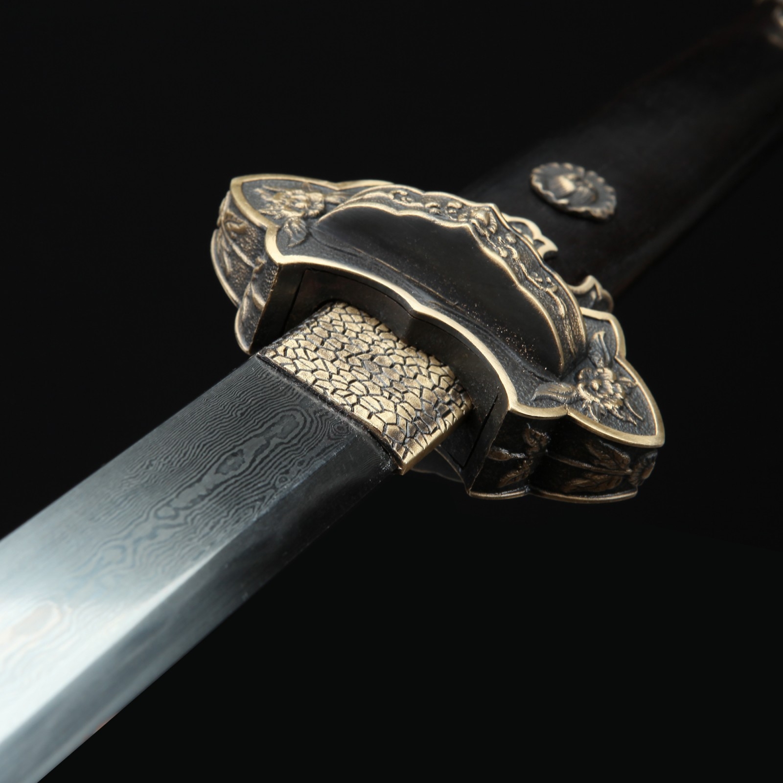 Tang Jian Sword | Black Peony Flower Theme Handmade Damascus Steel Tang ...