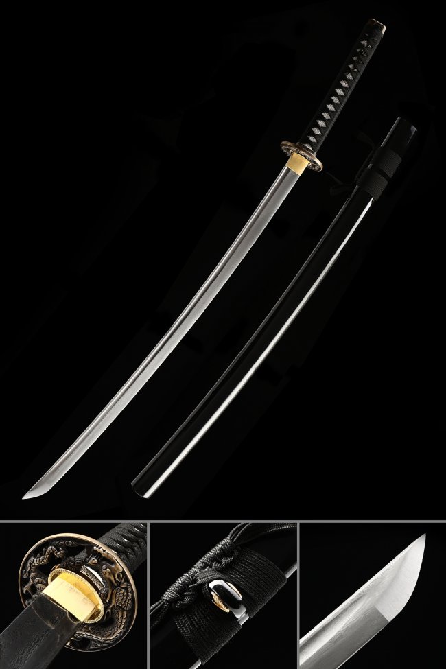 Damascus Steel Katana Sword with Black Piano Lacquer Saya and Dragon Tsuba - Full Tang Collectible