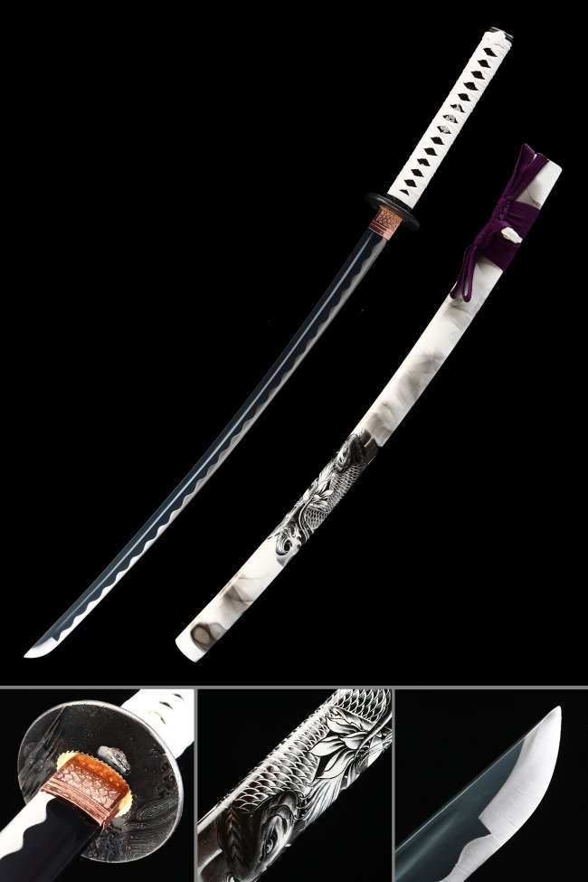 Full Tang Manganese Steel Katana, Handmade, White Dragon Saya & White Tsuka