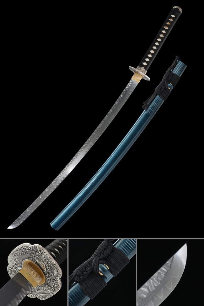 T10 Carbon Steel Katana with Teal Lacquer Saya - Wave Tsuba, Black Ito, Real Hamon