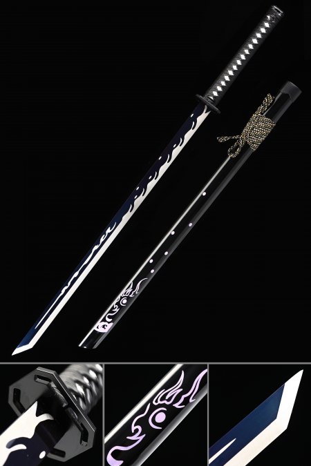 Straight Sword, Handmade Japanese Chokuto Ninjato Sword With Blue Blade And Black Scabbard