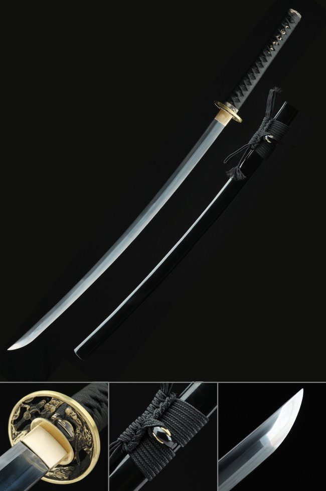 T10 Steel Katana with Clay Tempered Blade, Real Hamon in Black Lacquer Saya & Gold-Black Chrysanthemum Tsuba