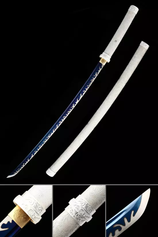Handmade Japanese Katana Sword With Blue Blade And White Scabbard