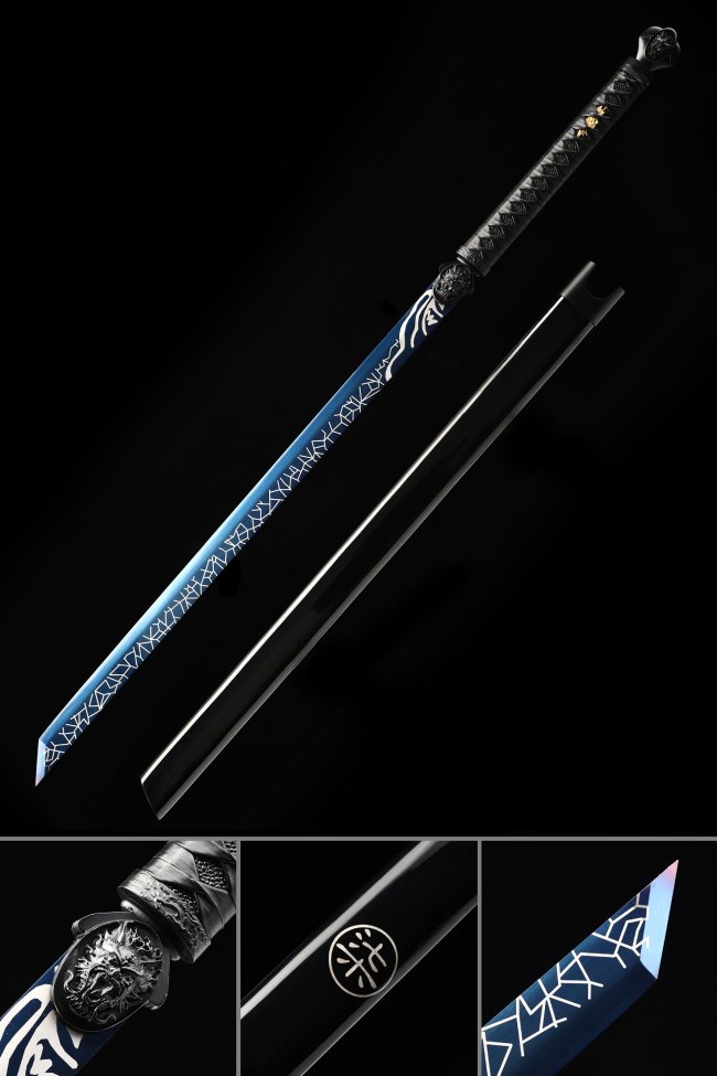 Blue Blade Manganese Steel Ninjato Sword Full Tang with Black Leather Handle and Dragon Pommel