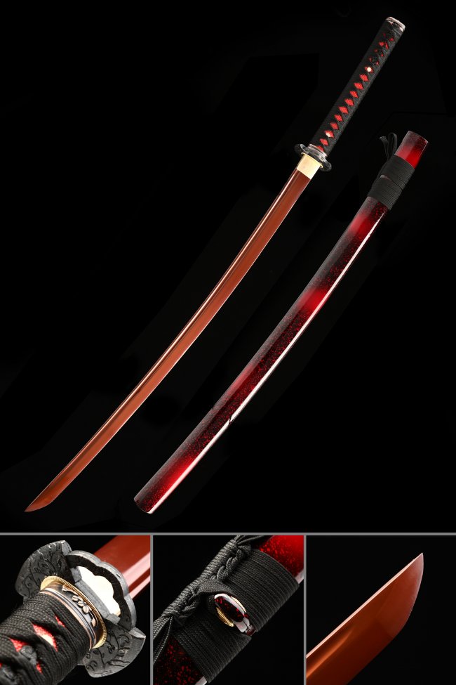1060 Carbon Steel Red Blade Katana with Black Ito Wrap in Dark Red Sparkle Piano Lacquer Saya - Samurai Sword