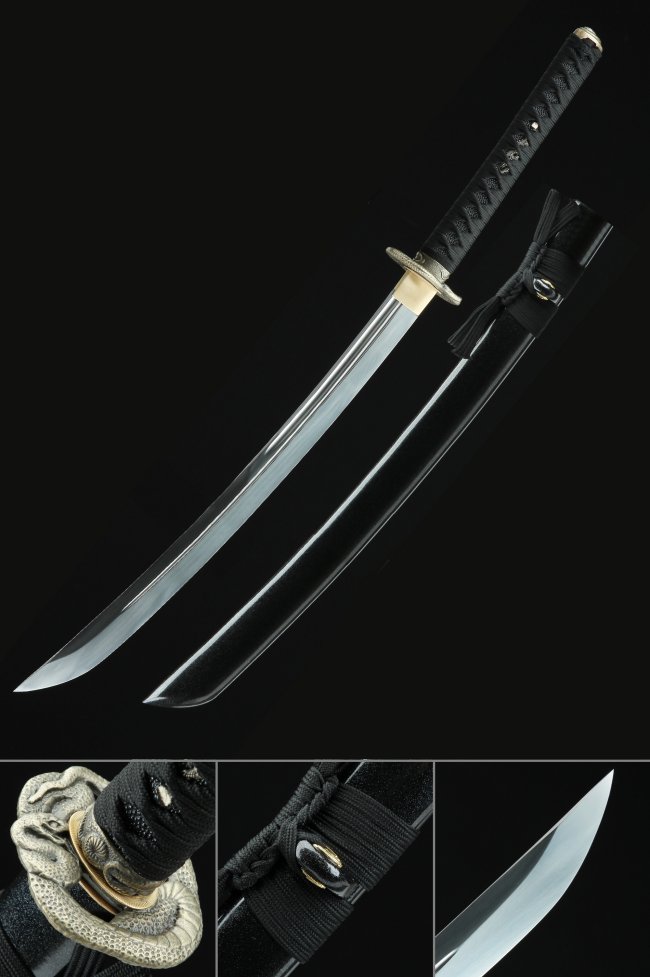 High Manganese Steel Wakizashi with Chrysanthemum Gold Tsuba - Black Koshirae Replica