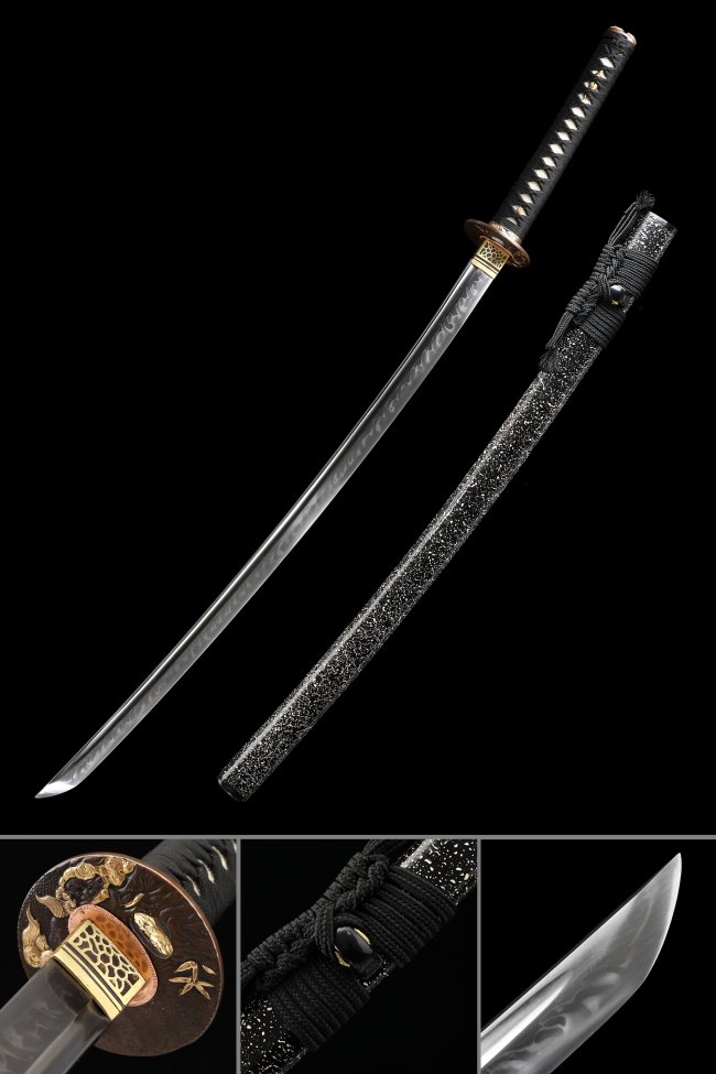 T10 Folded Steel Katana with Real Hamon, Dragon Tsuba & Marble Saya - Samurai Sword Replica