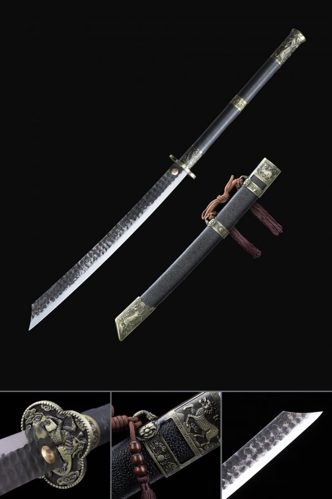 Chinese Pudao Broadsword - Handmade Manganese Steel Two-Handed Dao With Black Leather Scabbard