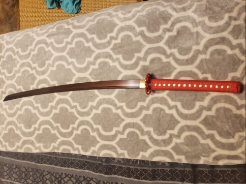 Handmade Japanese Katana Sword Damascus Steel With Red Blade And Scabbard