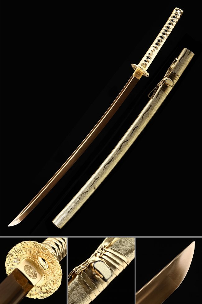Golden Katana Sword - 1090 Carbon Steel Roast Gold Blade with Flower Tsuba and Gold Leather Saya