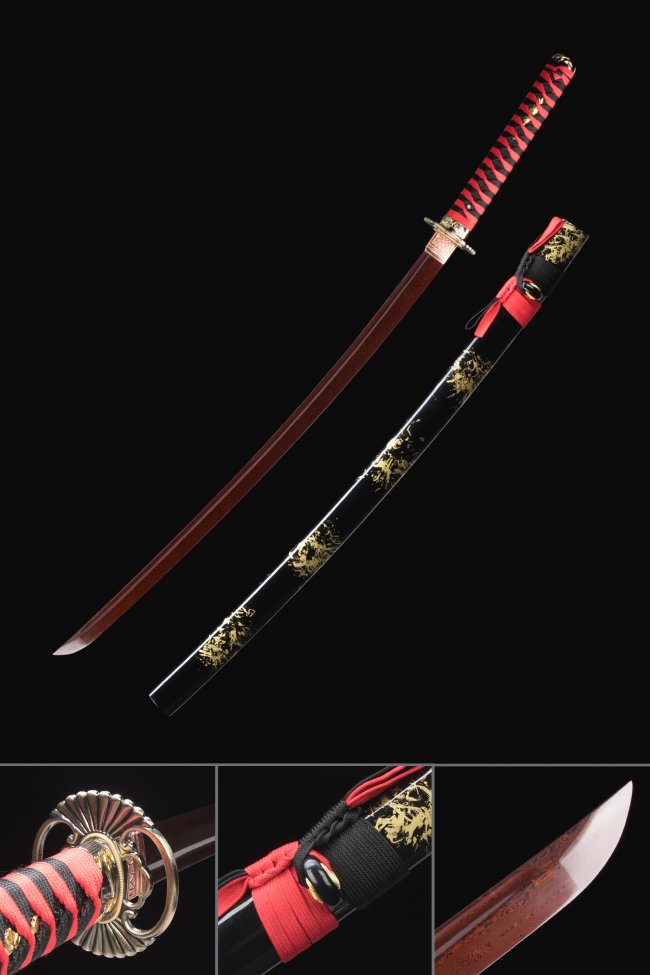 Damascus Steel Red Blade Katana with Gold Foil Black Saya and Red-Black Ito Wrap - Collectible Sword