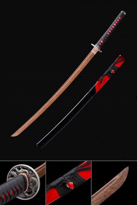 Handmade Brown Wooden Blade Bokken Practice Katana Samurai Sword With Black Scabbard