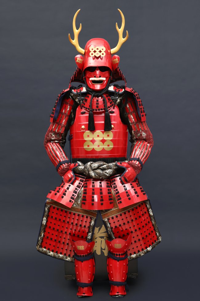 Handmade Red Japanese Samurai Armor For Yukimura Sanada With Deer Antlers, Life Size Samurai Yoroi