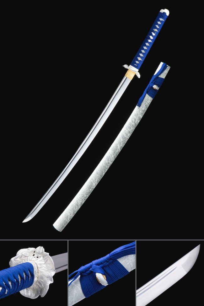 Handcrafted Manganese Steel Katana, White Saya, Blue White Tsuka & Gray Finish