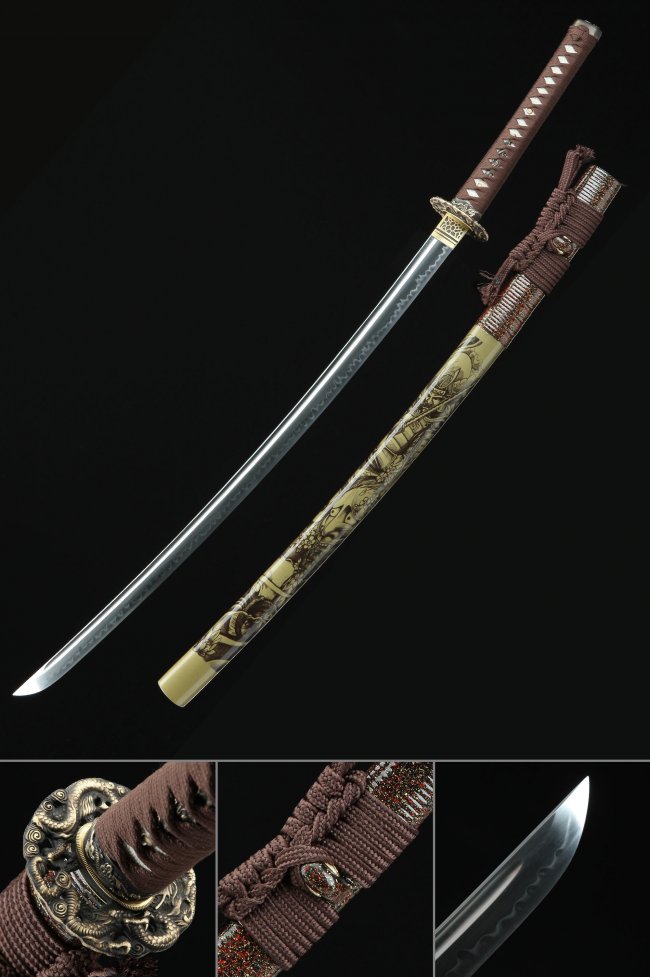 Dragon Katana T10 Folded Clay Tempered Steel with Real Hamon in Manga-Themed Saya and Copper Dragon Tsuba