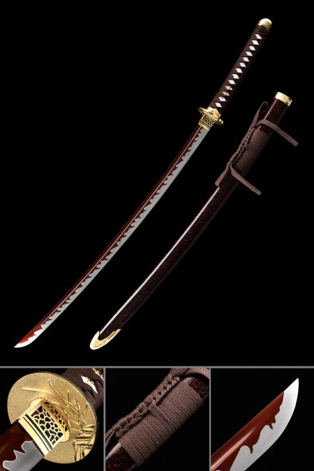 Handmade Japanese Samurai Sword High Manganese Steel Full Tang With Red Blade