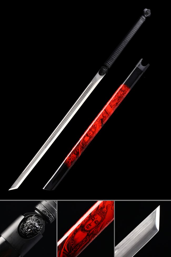 Manganese Steel Ninjato with Red-Black Monkey King Lacquer Saya - Black Koshirae