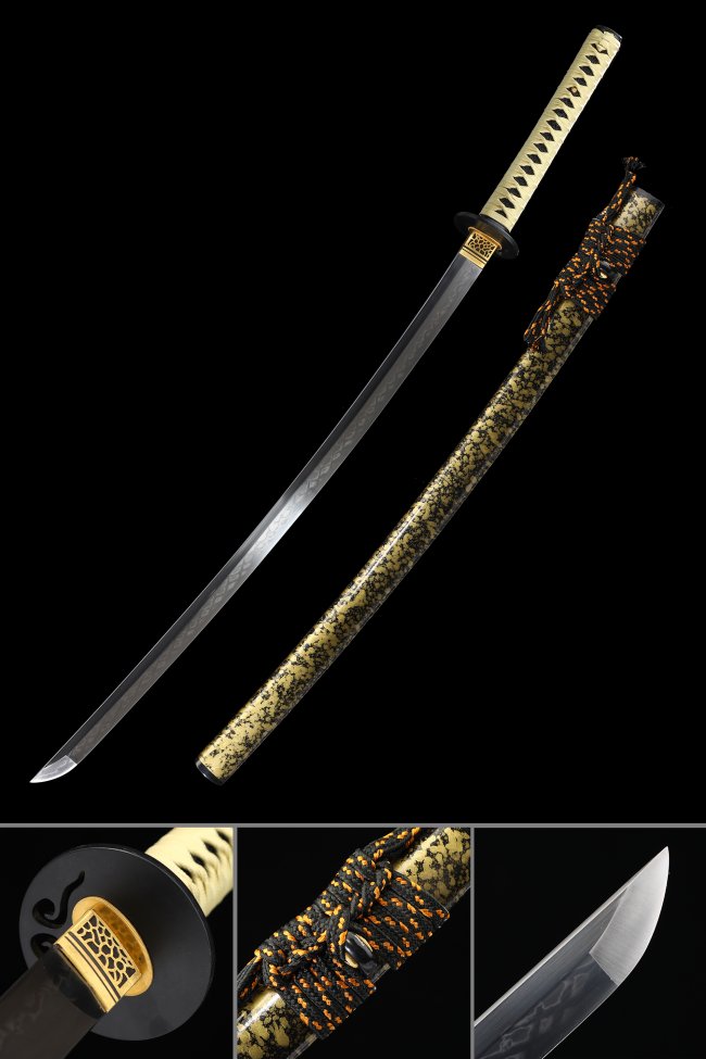T10 Folded Clay Tempered Katana with Gold-Black Marble Saya in Yellow Ito Wrap - Collectible Samurai Sword