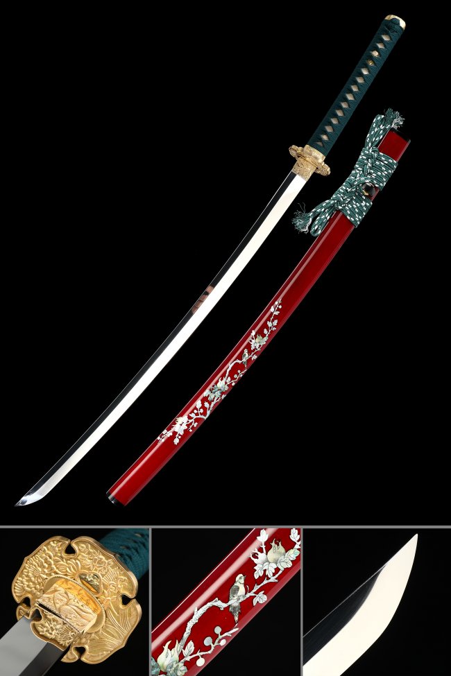 Phoenix Tsuba 1095 Carbon Steel Katana, Full Tang, Handcrafted & Red Flower Saya