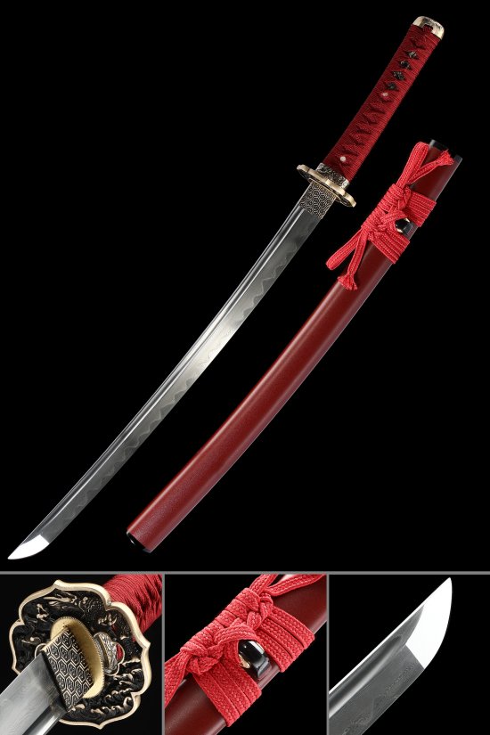 Damascus Steel Wakizashi with Wave-Engraved Blade in Dark Red Hardwood Lacquer Saya