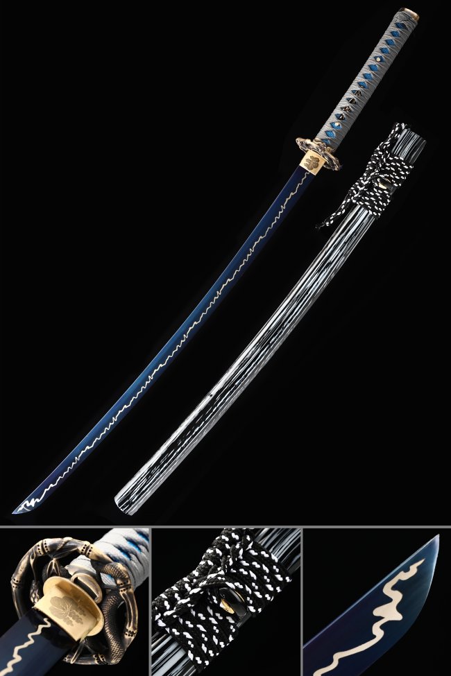 Blue Blade Manganese Steel Katana with Snake Tsuba - Wave Hamon, White-Blue Tsuka, Dark Blue Saya