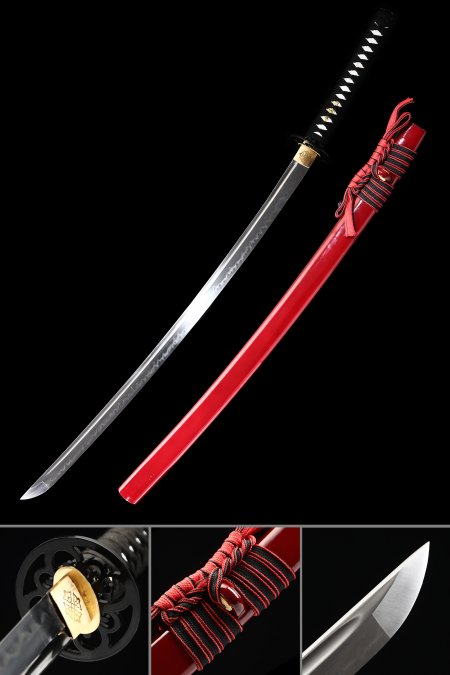 Handmade T10 Carbon Steel Red Saya Theme Real Hamon Katana Samurail Swords