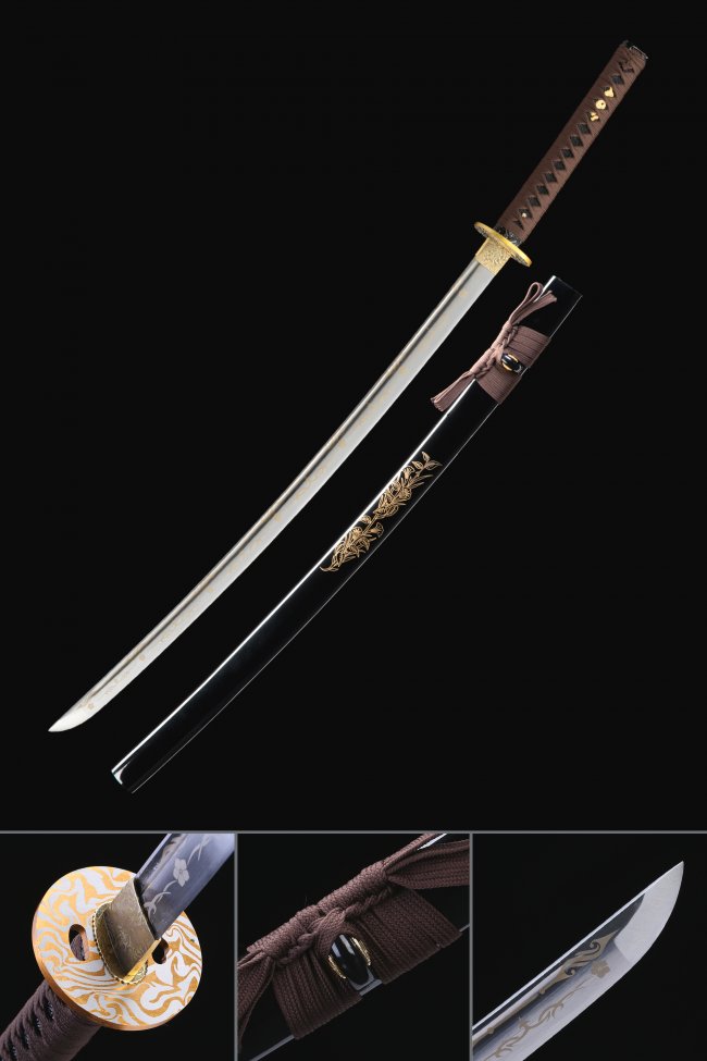 1045 Carbon Steel Katana with Gold Wave Tsuba and Black Piano Lacquer Saya - Brown Ito Wrap