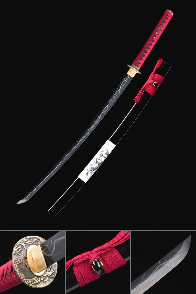 Manganese Steel Katana with Lightning Pattern Black Blade in Red Cord Wrap and Copper Tsuba