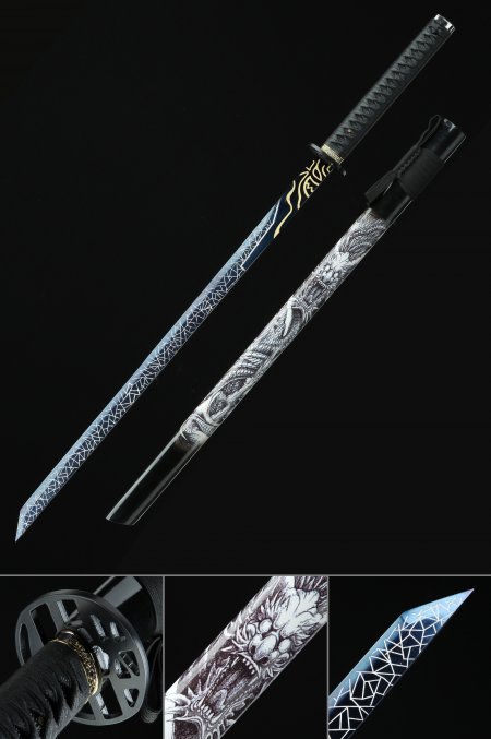 Handmade High Manganese Steel Blue Straight Blade Chokuto Japanese Ninjato Sword With Black Scabbard
