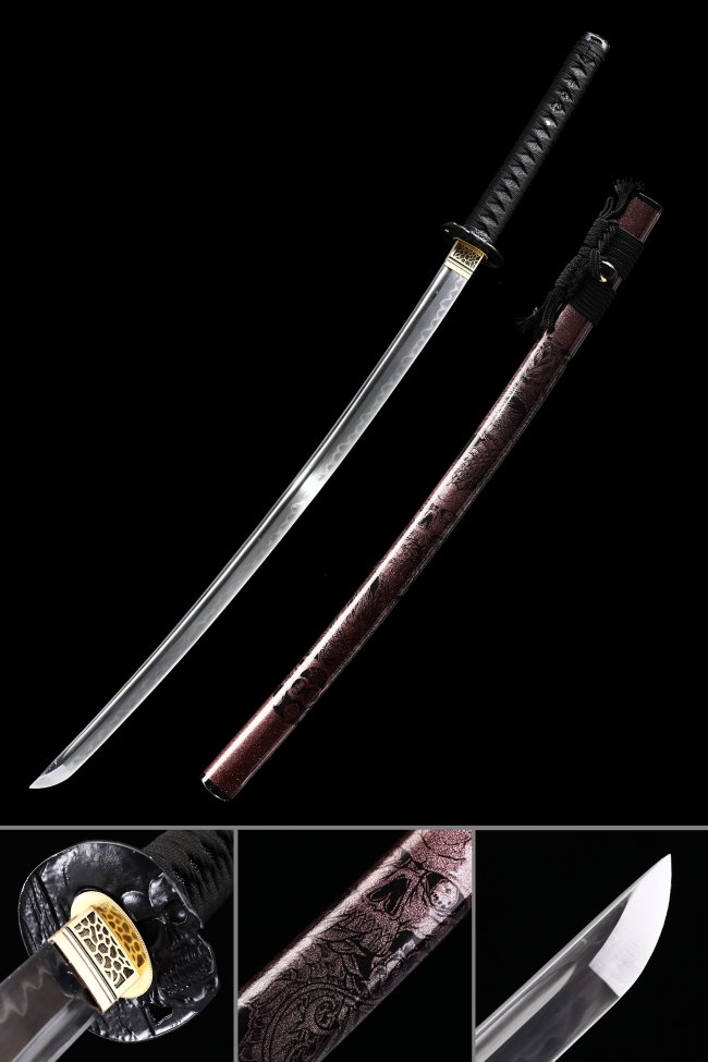 T10 Steel Katana with Skull Tsuba, Dragon Dark Red Lacquer Saya, Black Cord Handle