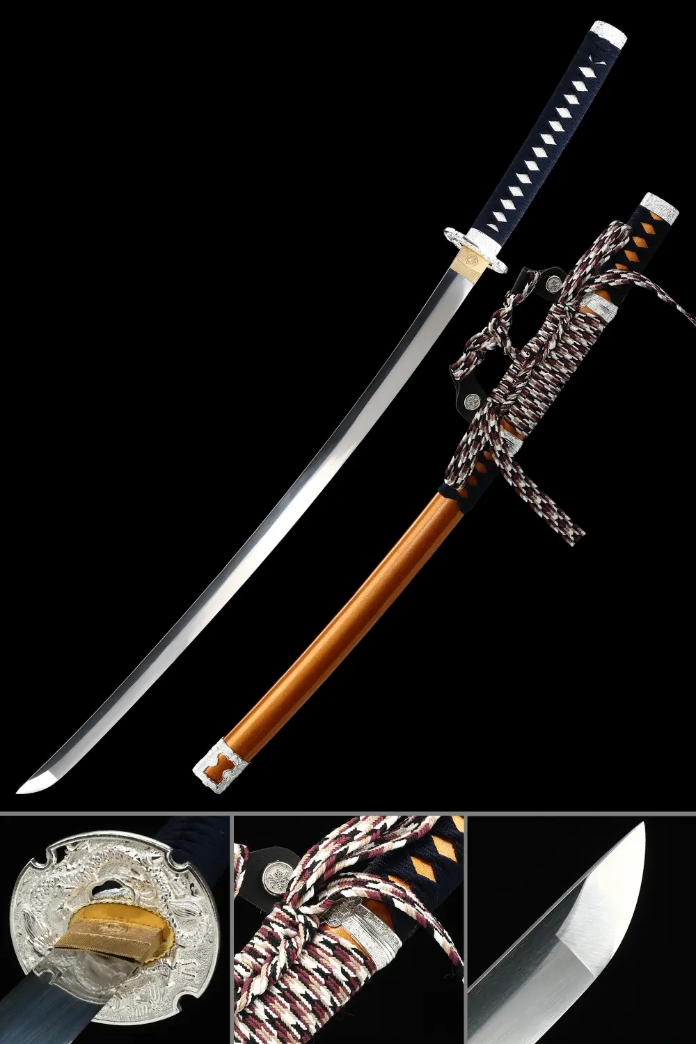 1095 Carbon Steel Tachi Sword with Dragon Tsuba - Orange Lacquer