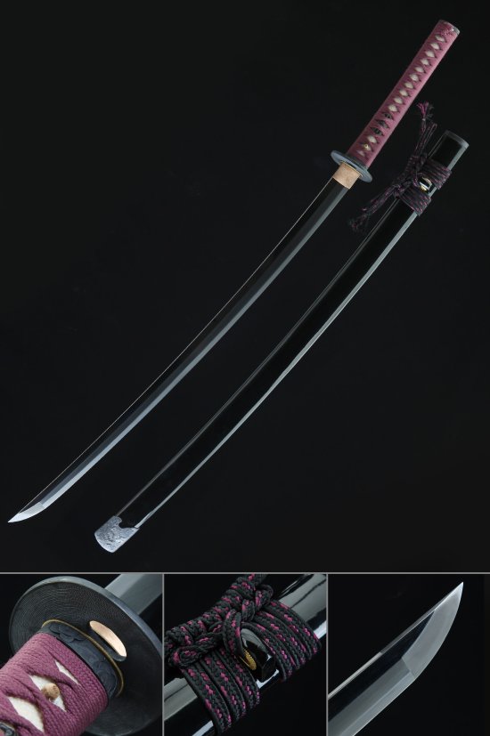 Tamahagane Steel Katana with Real Hamon - Maroon Cord Handle, Black Hardwood Saya