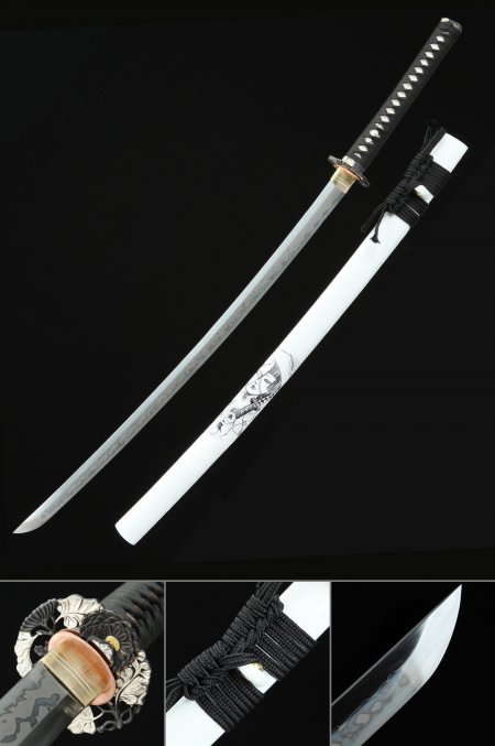 Clay Tempered Katana, Handmade Japanese Katana Sword T10 Carbon Steel Real Hamon With White Scabbard